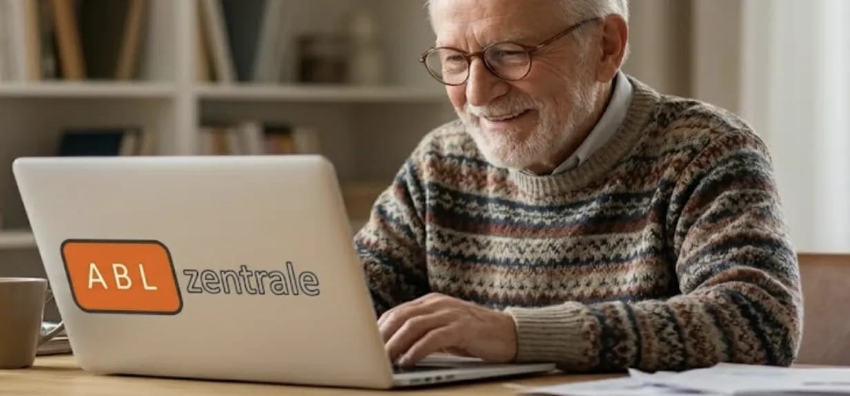 Älterer Mann am Laptop recherchiert unseriöse Entrümpelungsfirma ABL Zentrale