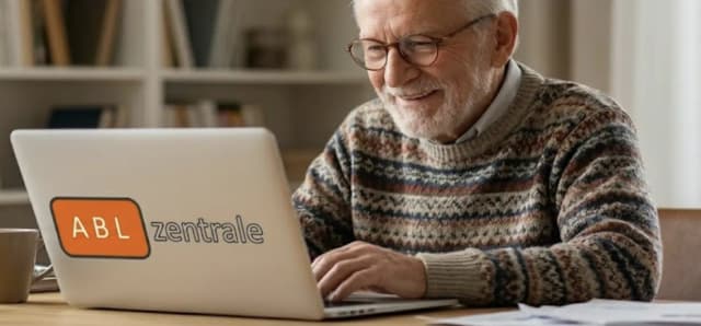 Älterer Mann am Laptop recherchiert unseriöse Entrümpelungsfirma ABL Zentrale