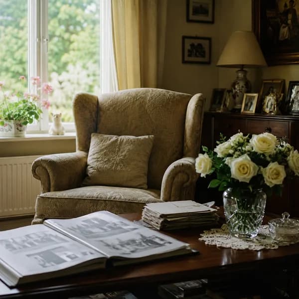 Wohnzimmer mit Ohrensessel, aufgeschlagenem Fotoalbum, Briefstapel und weißen Rosen