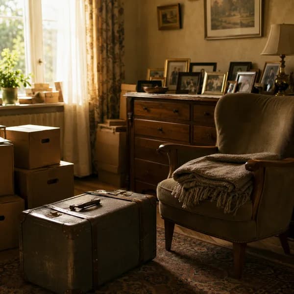 Seniorenwohnung mit gepacktem Koffer, Umzugskartons, Sessel mit Wolldecke und Familienfotos auf der Kommode
