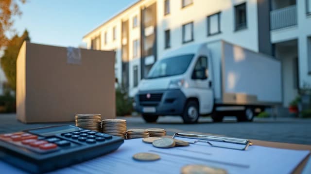 Taschenrechner, Euromünzen und Klemmbrett vor Umzugswagen – Kosten einer Entrümpelung berechnen