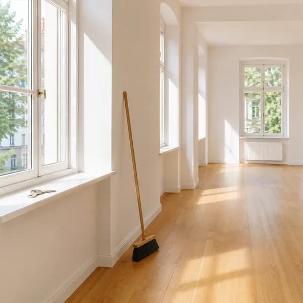 Besenreine leere Wohnung mit Besen an der Wand und Wohnungsschlüssel auf der Fensterbank