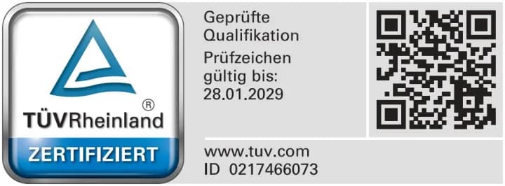 TÜV Rheinland zertifiziert – Geprüfte Qualifikation, gültig bis 28.01.2029, ID 0217466073
