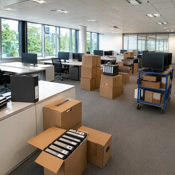 Großraumbüro in Auflösung mit gepackten Archivkartons, Aktenordnern und Rollwagen mit Monitoren