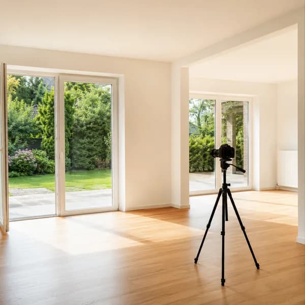 Leergeräumtes helles Wohnzimmer mit Blick in den Garten und Kamera auf Stativ für Verkaufsfotos