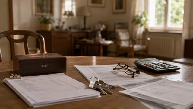 Nachlassdokumente, Schatulle, Wohnungsschlüssel, Brille und Taschenrechner auf einem Tisch – Kosten einer Nachlassauflösung