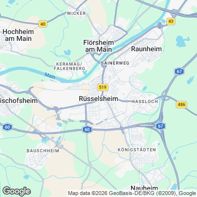 Karte von Rüsselsheim und Umgebung