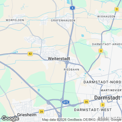 Karte von Weiterstadt und Umgebung