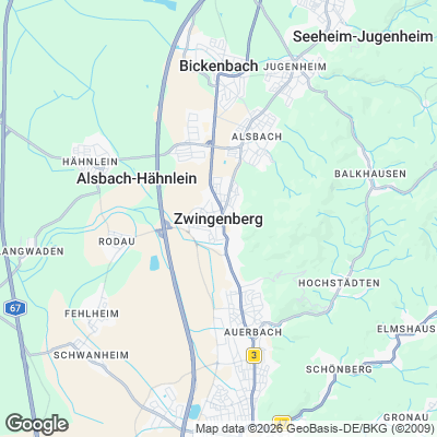 Karte von Zwingenberg und Umgebung